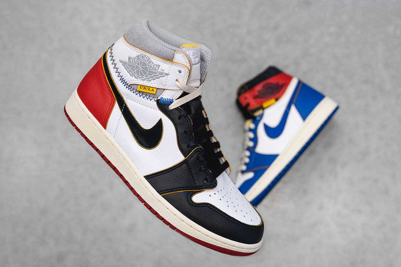 Close-up of Union x Air Jordan 1 collection - Is this "What the AJ1" color scheme?