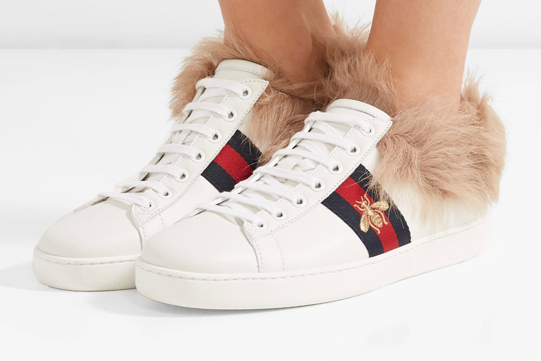 Luxurious with version Gucci Ace Embroidered Sneaker equipped with fur lining