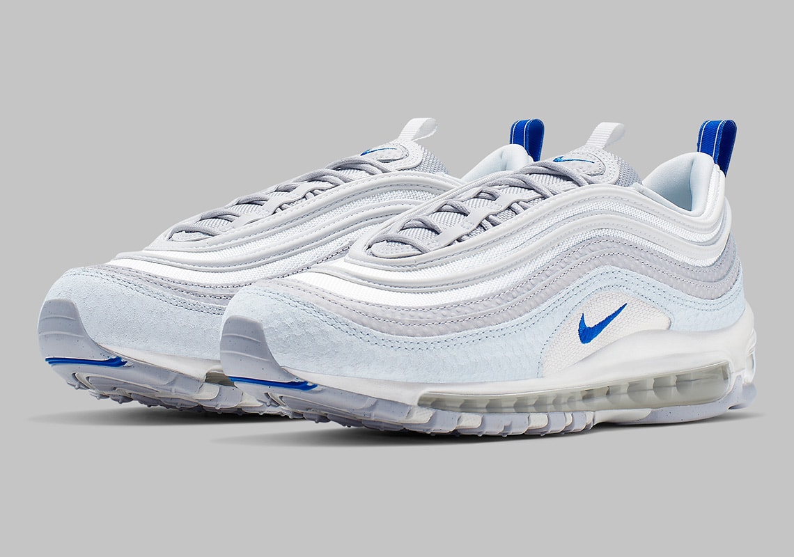 Nike brings a little freshness to the white Air Max 97 with "Racing Blue" details.