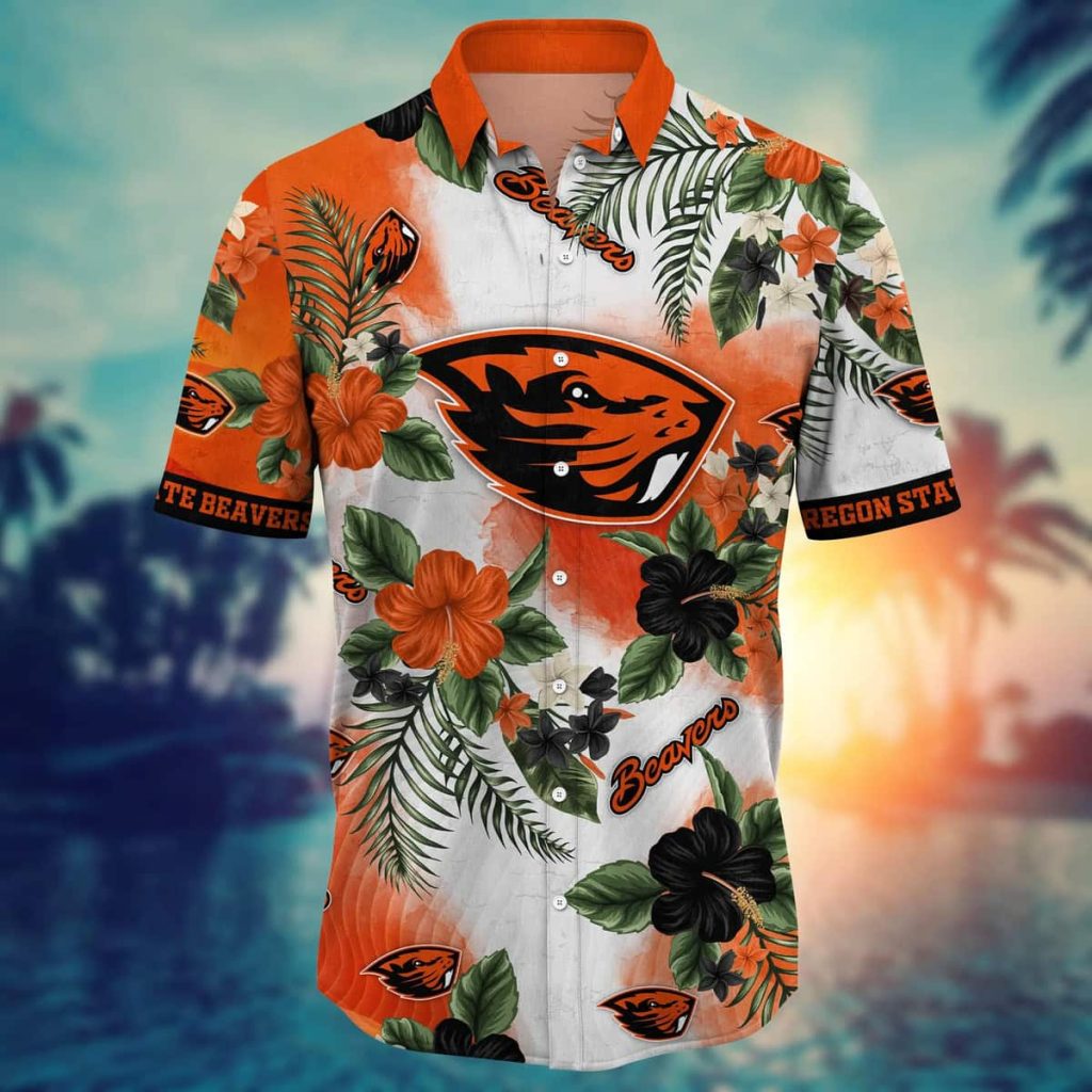 NCAA Oregon State Beavers Hawaiian Shirt,Aloha Shirt,Hibiscus Flowers White Orange