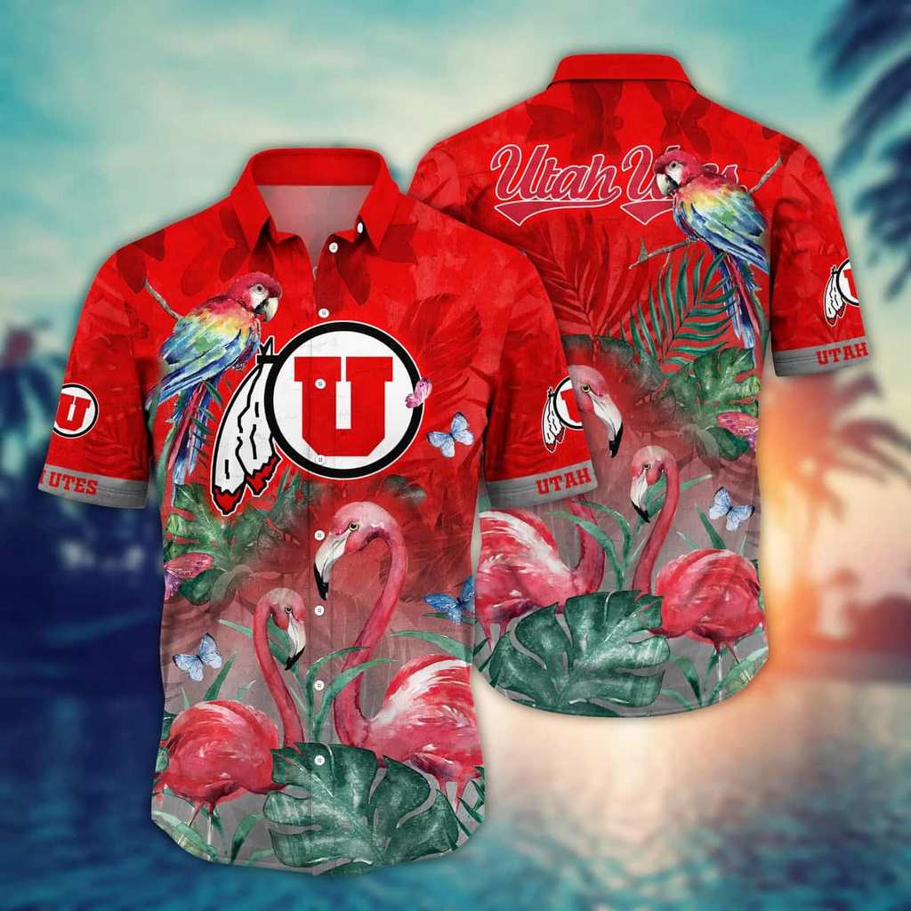 NCAA Utah Utes Hawaiian Shirt,Aloha Shirt,Pink Flamingo And Palm Leaves
