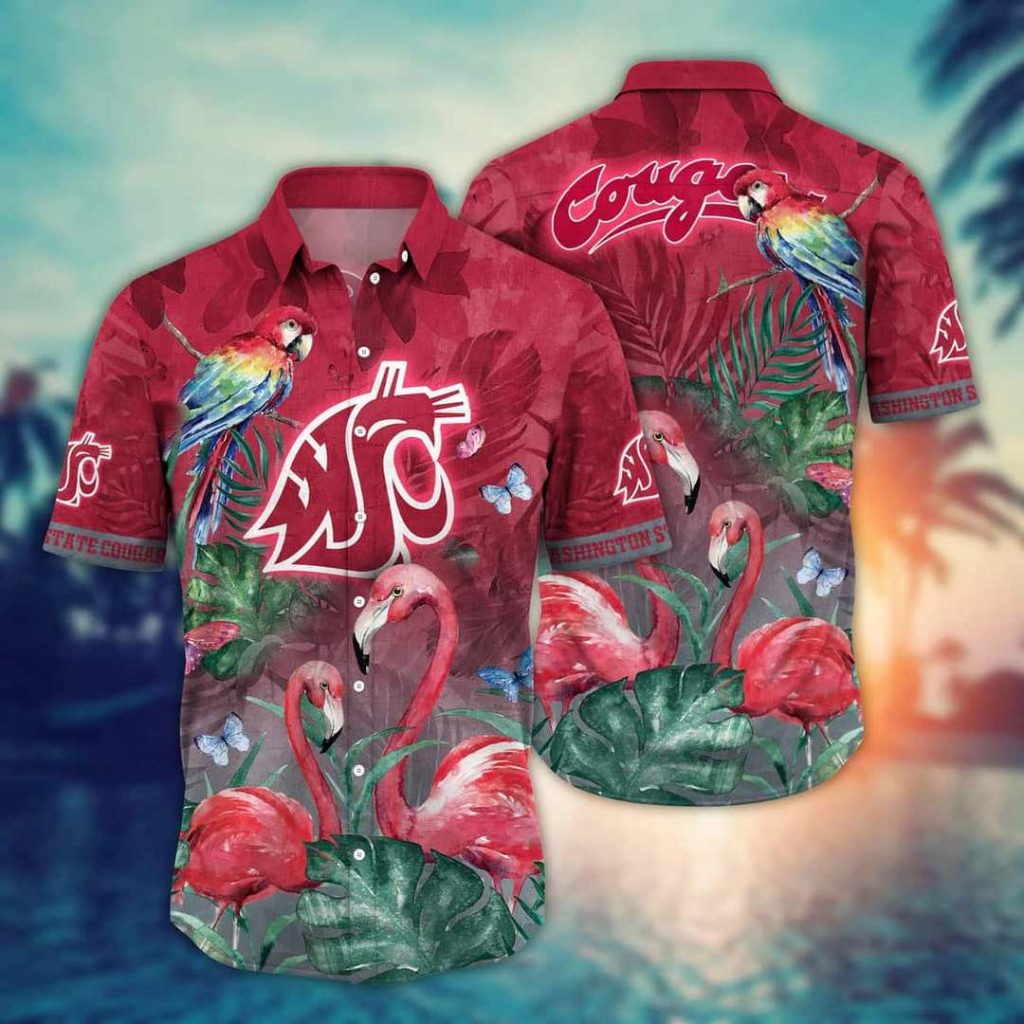 NCAA Washington State Cougars Hawaiian Shirt,Aloha Shirt,Pink Flamingo And Palm Leaves
